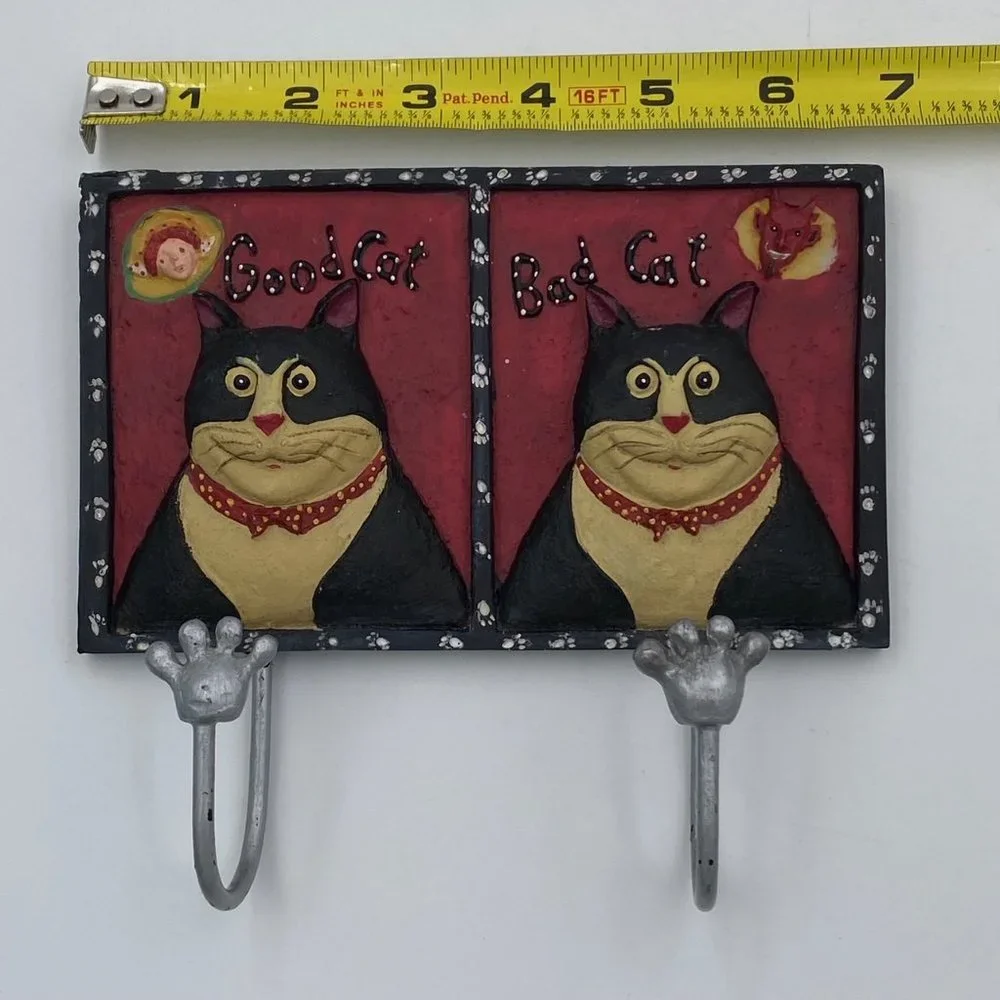 Good Cat Bad Cat Angel Devil Resin Wall Plaque Double Hook Leash Hanger Tuxedo